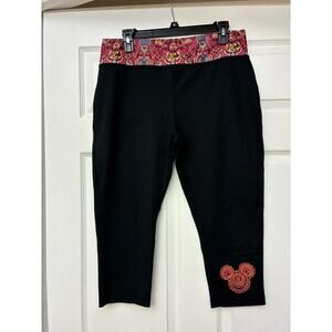 Disney Parks Mickey Mouse Black Capri Leggings Womens L Stretch Yoga